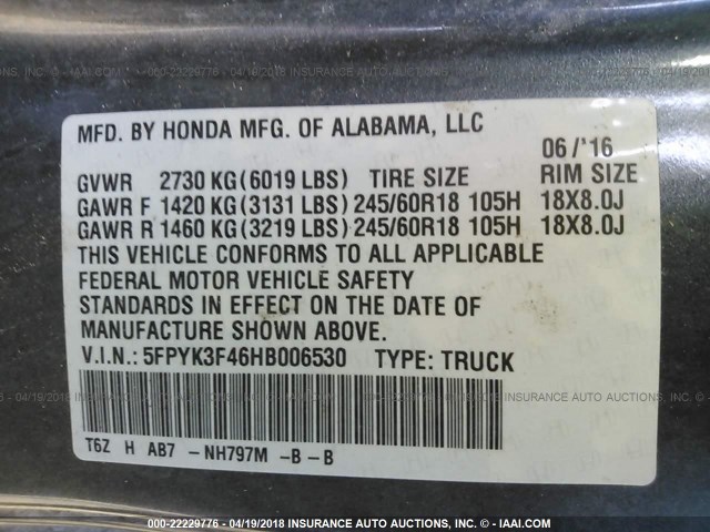 5FPYK3F46HB006530 - 2017 HONDA RIDGELINE RTS GRAY photo 9