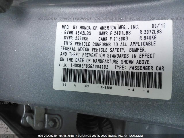 1HGCR3F85GA004102 - 2016 HONDA ACCORD EXL SILVER photo 9