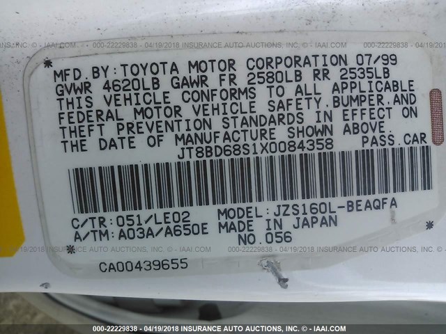 JT8BD68S1X0084358 - 1999 LEXUS GS 300 WHITE photo 9