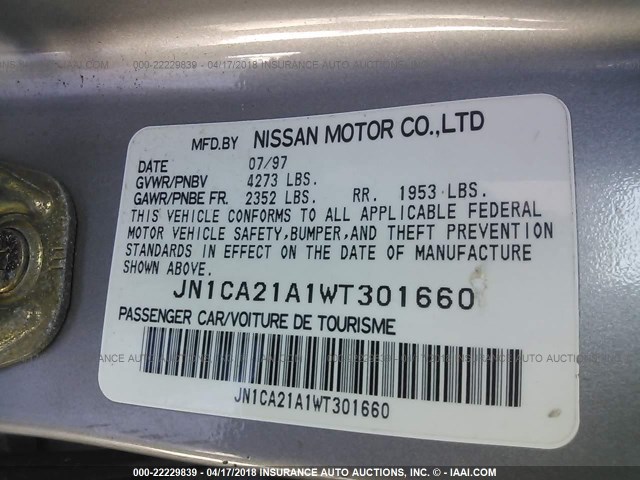 JN1CA21A1WT301660 - 1998 NISSAN MAXIMA GLE/GXE/SE SILVER photo 9