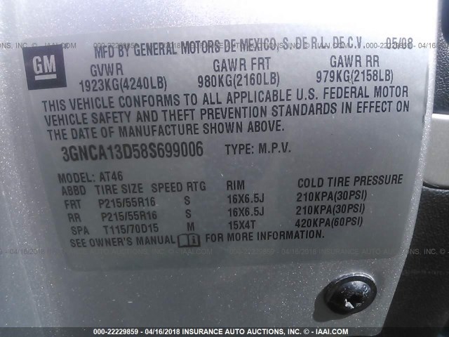 3GNCA13D58S699006 - 2008 CHEVROLET HHR LS Gümüş foto 9