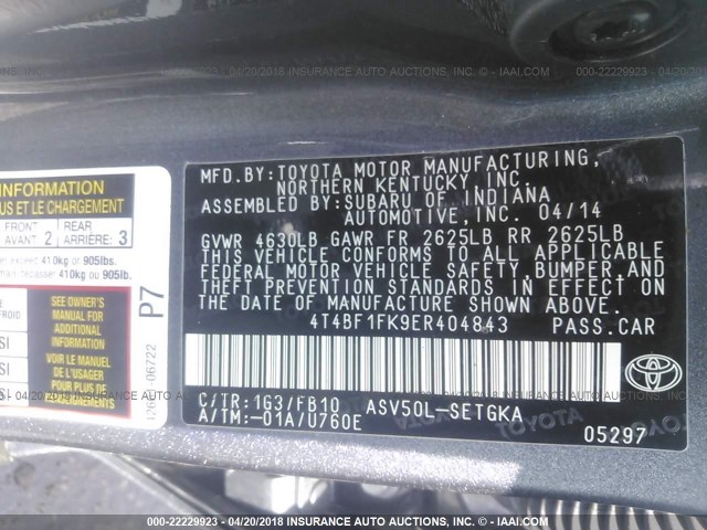 4T4BF1FK9ER404843 - 2014 TOYOTA CAMRY L/SE/LE/XLE 灰色 照片 9