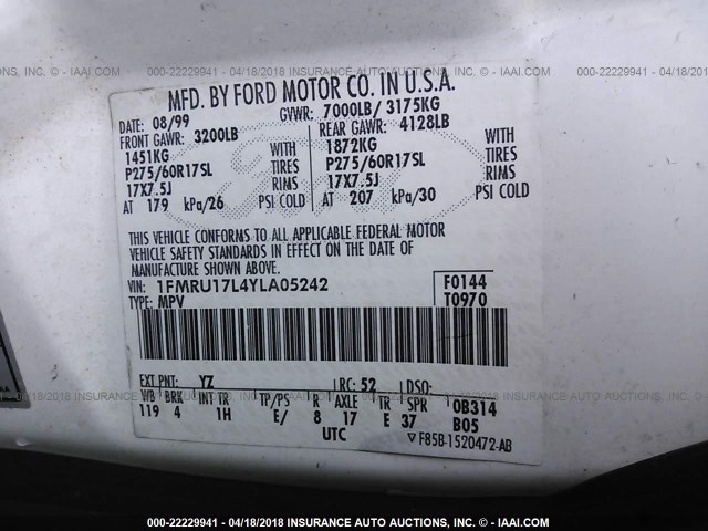 1FMRU17L4YLA05242 - 2000 FORD EXPEDITION EDDIE BAUER WHITE photo 9