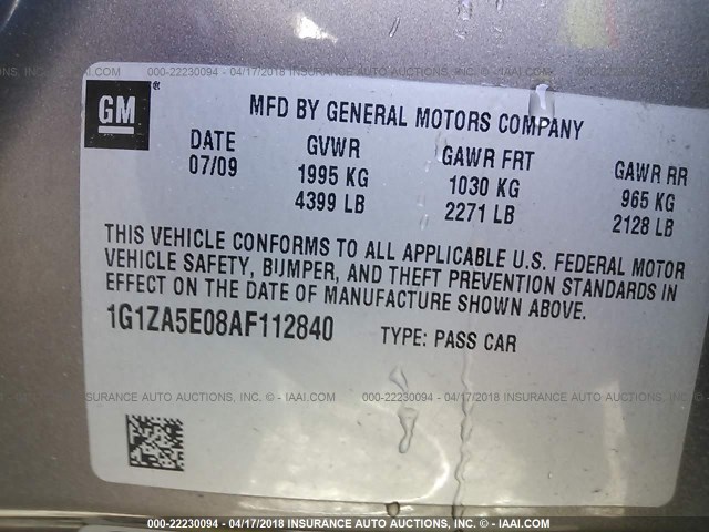 1G1ZA5E08AF112840 - 2010 CHEVROLET MALIBU LS 棕色 照片 9