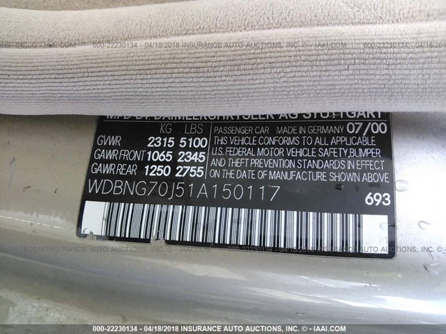 WDBNG70J51A150117 - 2001 MERCEDES-BENZ S 430 GOLD photo 9