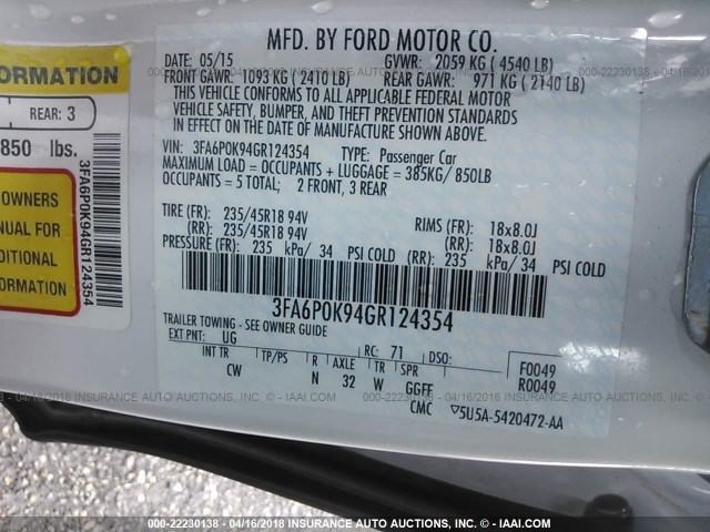 3FA6P0K94GR124354 - 2016 FORD FUSION TITANIUM WHITE photo 9