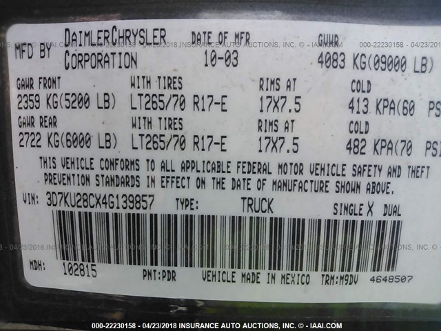 3D7KU28CX4G139857 - 2004 DODGE RAM 2500 ST/SLT 灰色 照片 9