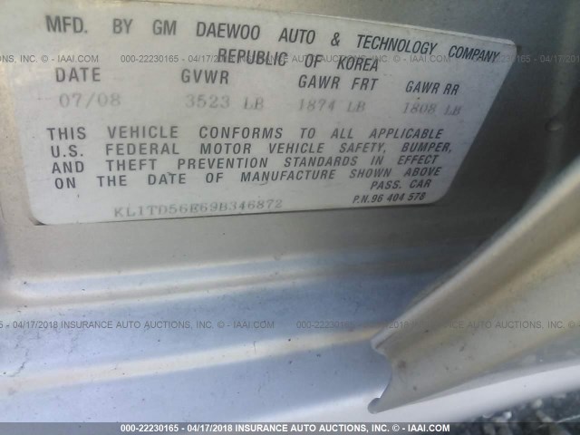 KL1TD56E69B346872 - 2009 CHEVROLET AVEO LS/LT 灰色 照片 9