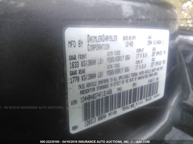 1D4HB48D74F131458 - 2004 DODGE DURANGO SLT GRAY photo 9