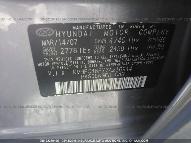 KMHFC46FX7A216944 - 2007 HYUNDAI AZERA SE/LIMITED GOLD photo 9