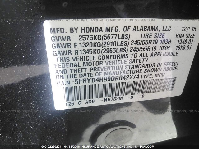5FRYD4H99GB042274 - 2016 ACURA MDX ADVANCE GRAY photo 9