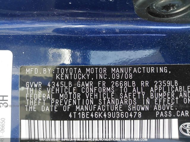 4T1BE46K49U360478 - 2009 TOYOTA CAMRY SE/LE/XLE BLUE photo 9
