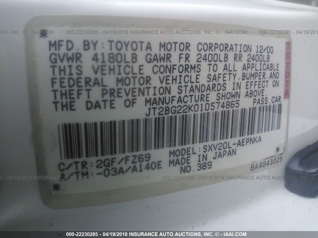 JT2BG22K010574865 - 2001 TOYOTA CAMRY CE/LE/XLE WHITE photo 9