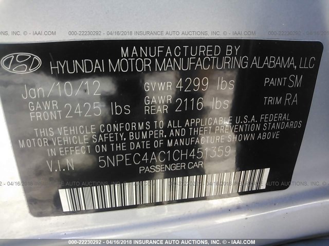 5NPEC4AC1CH451359 - 2012 HYUNDAI SONATA SE/LIMITED SILVER photo 9