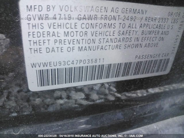 WVWEU93C47P035811 - 2007 VOLKSWAGEN PASSAT 3.6L LUXURY GRAY photo 9