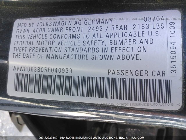 WVWRU63B05E040939 - 2005 VOLKSWAGEN PASSAT GLX 黑色 照片 9