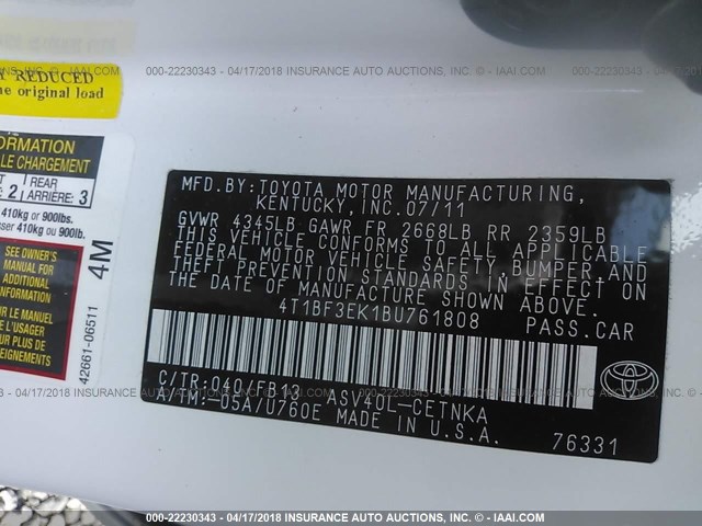 4T1BF3EK1BU761808 - 2011 TOYOTA CAMRY SE/LE/XLE WHITE photo 9