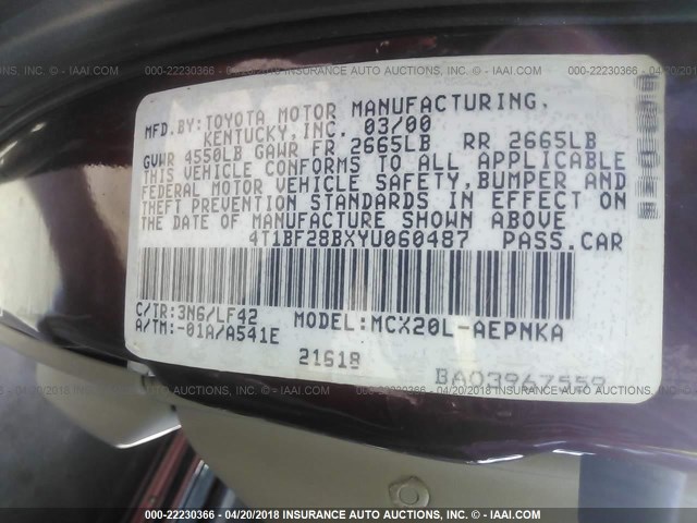 4T1BF28BXYU060487 - 2000 TOYOTA AVALON XL/XLS RED photo 9