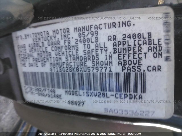 4T1BG28K0XU579771 - 1999 TOYOTA CAMRY CE/LE/XLE 黑色 照片 9