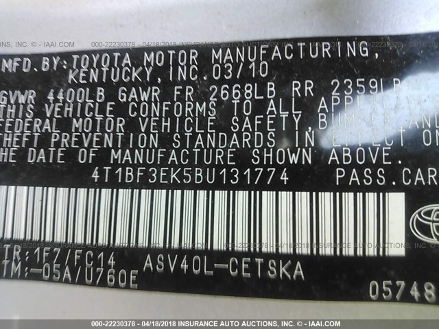 4T1BF3EK5BU131774 - 2011 TOYOTA CAMRY SE/LE/XLE SILVER photo 9