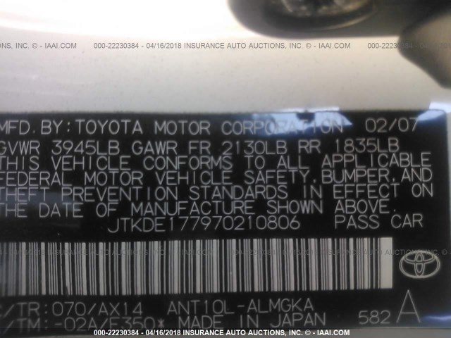 JTKDE177970210806 - 2007 TOYOTA SCION TC 白色 照片 9