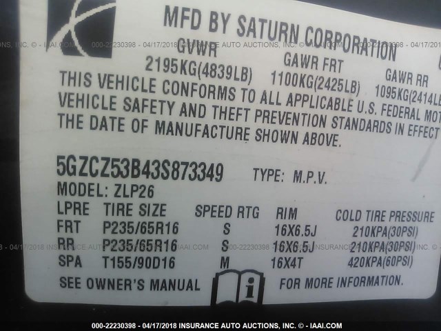 5GZCZ53B43S873349 - 2003 SATURN VUE BLACK photo 9