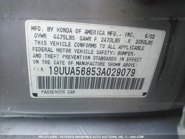 19UUA56853A029079 - 2003 ACURA 3.2TL TYPE-S SILVER photo 9