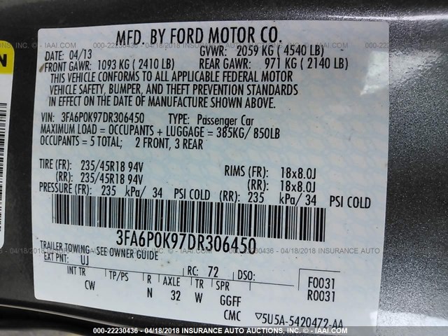 3FA6P0K97DR306450 - 2013 FORD FUSION TITANIUM GRAY photo 9