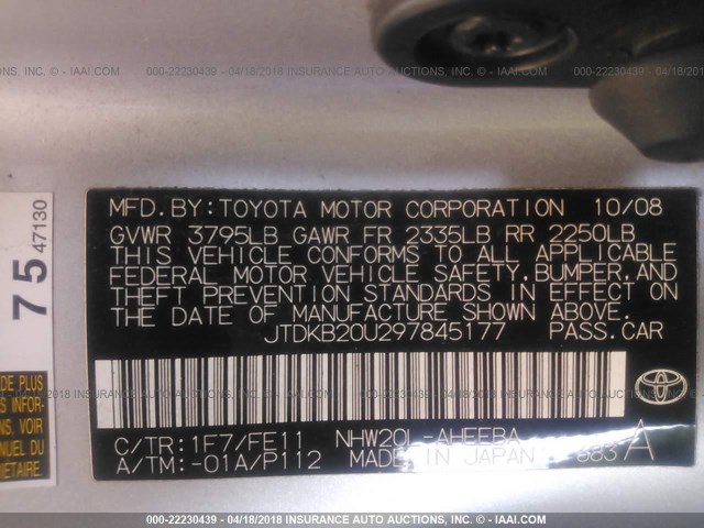 JTDKB20U297845177 - 2009 TOYOTA PRIUS 银色 照片 9