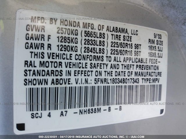 5FNRL18034B017343 - 2004 HONDA ODYSSEY EXL ვერცხლისფერი ფოტო 9