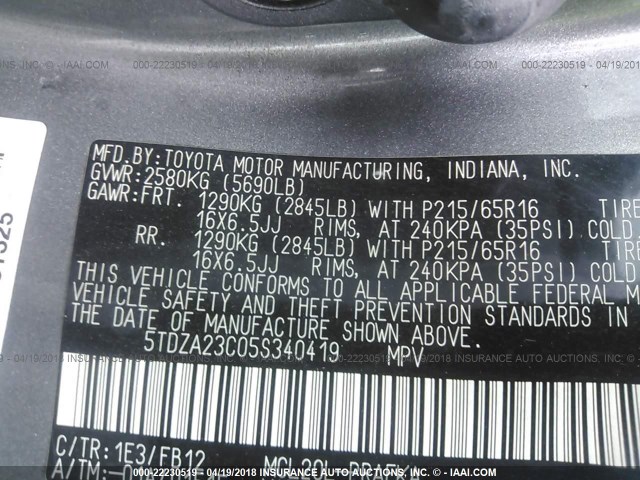 5TDZA23C05S340419 - 2005 TOYOTA SIENNA CE/LE GRAY photo 9