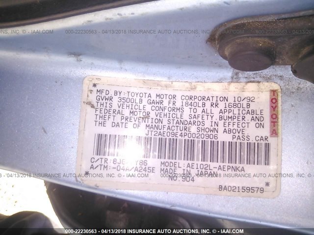 JT2AE09E4P0020906 - 1993 TOYOTA COROLLA LE/DX 浅蓝色 照片 9