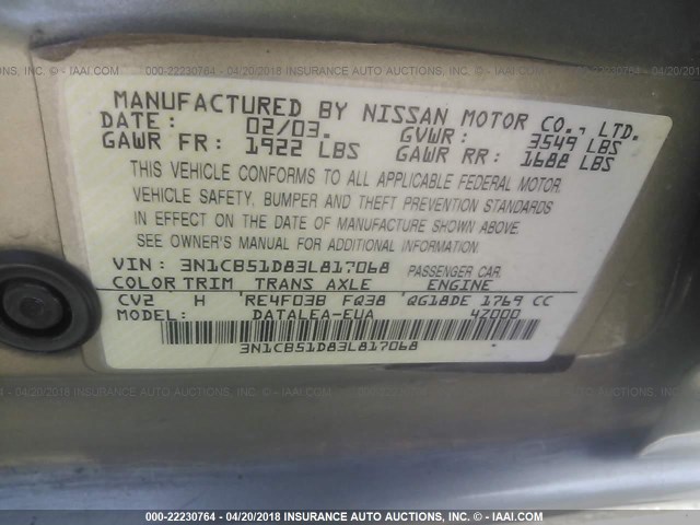 3N1CB51D83L817068 - 2003 NISSAN SENTRA XE/GXE BEIGE photo 9