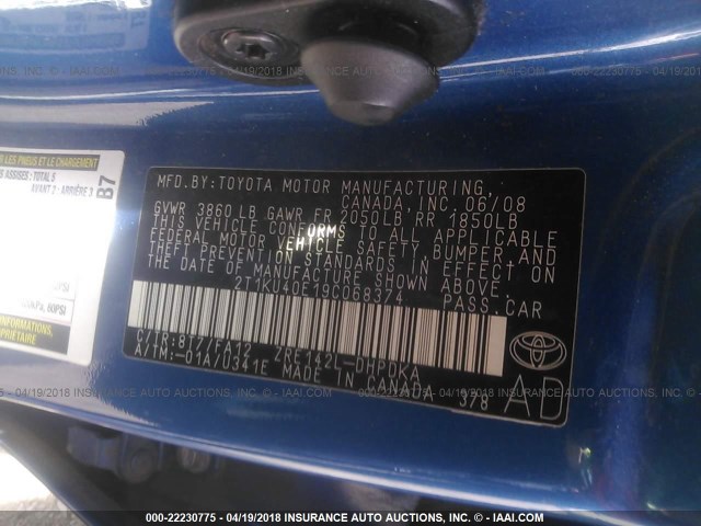 2T1KU40E19C068374 - 2009 TOYOTA COROLLA MATRIX  BLUE photo 9