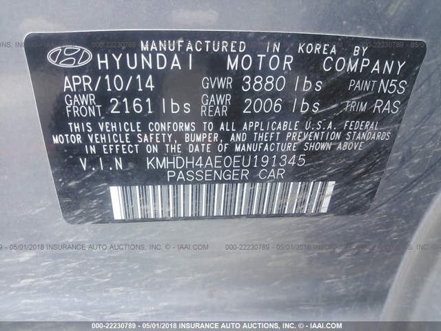 KMHDH4AE0EU191345 - 2014 HYUNDAI ELANTRA SE/SPORT/LIMITED GRAY photo 9