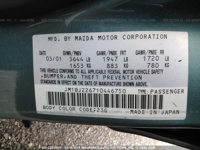 JM1BJ226710446750 - 2001 MAZDA PROTEGE LX/ES ტალღისფერი ფოტო 9