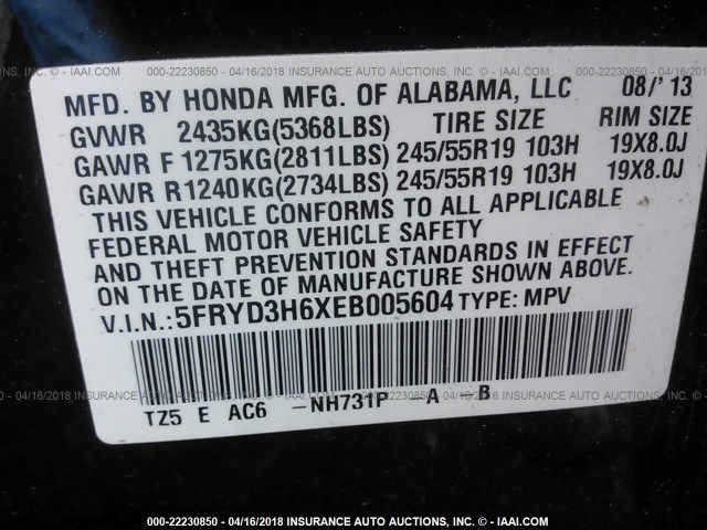 5FRYD3H6XEB005604 - 2014 ACURA MDX TECHNOLOGY BLACK photo 9