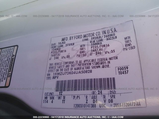 1FMZU73K04UA50828 - 2004 FORD EXPLORER XLT/XLT SPORT/NBX 白色 照片 9