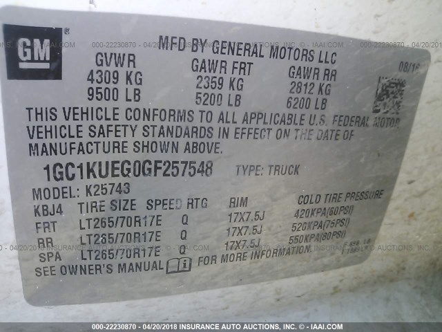 1GC1KUEG0GF257548 - 2016 CHEVROLET SILVERADO K2500 HEAVY DUTY WHITE photo 9