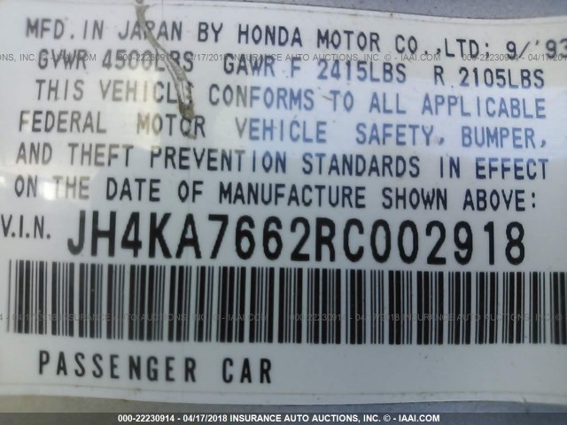 JH4KA7662RC002918 - 1994 ACURA LEGEND L Champagne photo 9