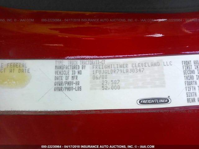 1FUJGLDR79LAJ0347 - 2009 FREIGHTLINER CASCADIA 125  RED photo 10