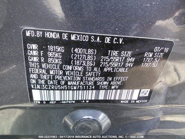 3CZRU5H51GM751134 - 2016 HONDA HR-V EX GRAY photo 9