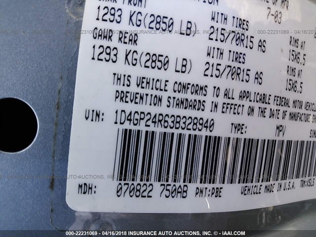 1D4GP24R63B328940 - 2003 DODGE GRAND CARAVAN SE BLUE photo 9