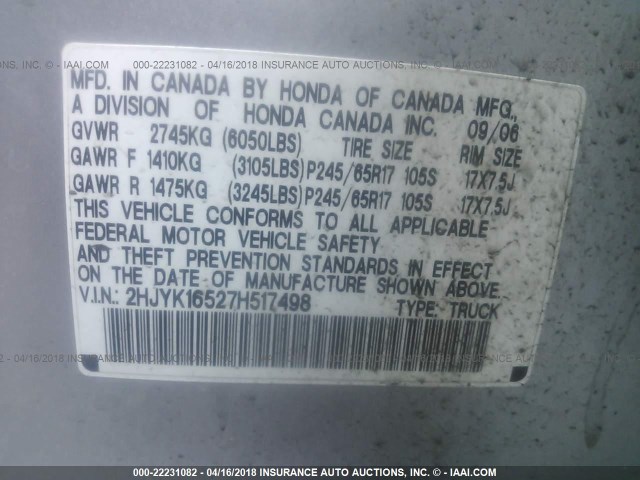 2HJYK16527H517498 - 2007 HONDA RIDGELINE RTL SILVER photo 9