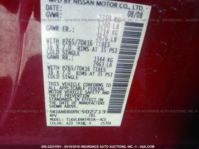 5N1AN08U89C502713 - 2009 NISSAN XTERRA OFF ROAD/S/SE RED photo 9