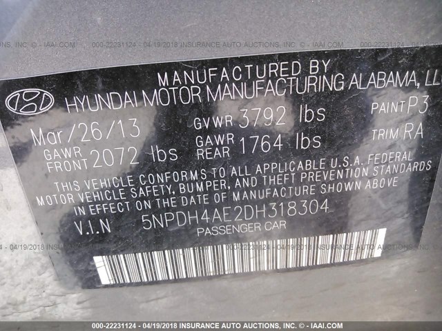 5NPDH4AE2DH318304 - 2013 HYUNDAI ELANTRA GLS/LIMITED GRAY photo 9