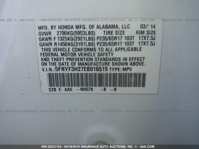 5FNYF3H27EB016519 - 2014 HONDA PILOT LX WHITE photo 9