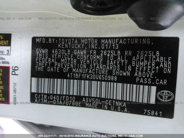 4T1BF1FK3DU650988 - 2013 TOYOTA CAMRY L/SE/LE/XLE 白色 照片 9