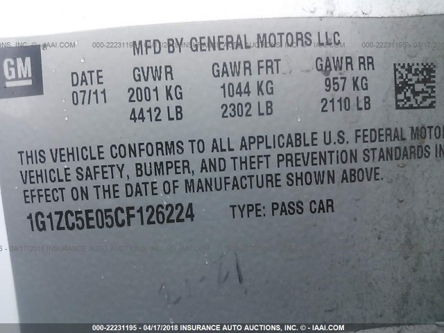 1G1ZC5E05CF126224 - 2012 CHEVROLET MALIBU 1LT 白色 照片 9