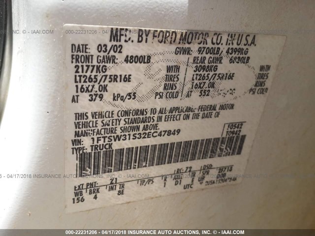 1FTSW31S32EC47849 - 2002 FORD F350 SRW SUPER DUTY WHITE photo 10